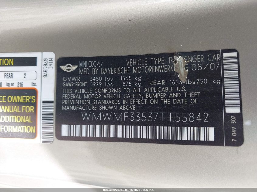 2007 Mini Cooper VIN: WMWMF33537TT55842 Lot: 43227575