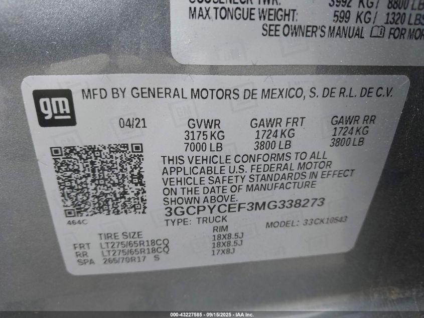 2021 Chevrolet Silverado 1500 4Wd Short Bed Custom Trail Boss VIN: 3GCPYCEF3MG338273 Lot: 43227585