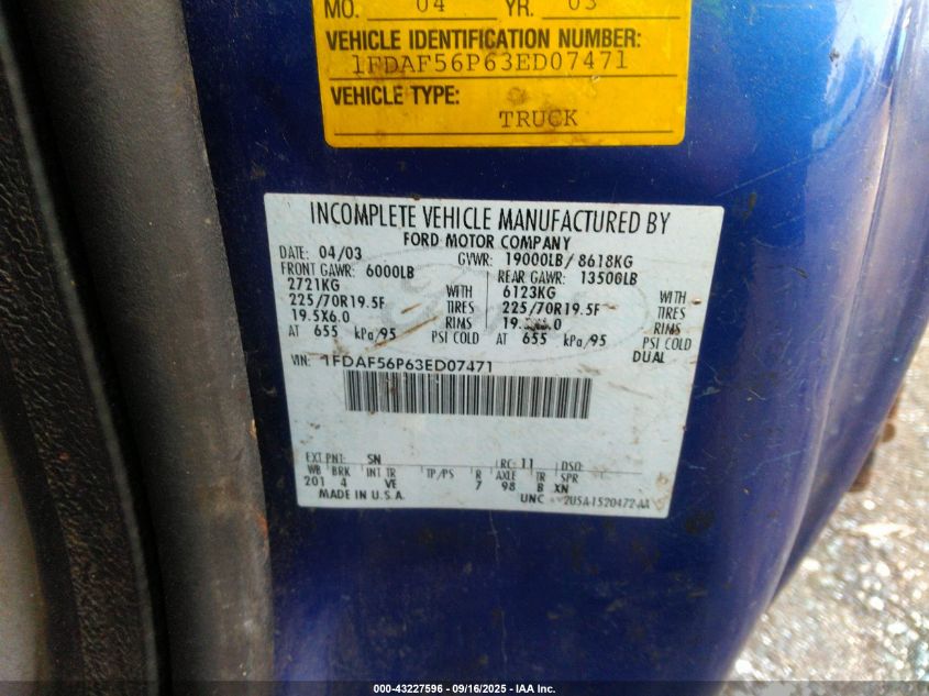 2003 Ford F-550 Xl/Xlt VIN: 1FDAF56P63ED07471 Lot: 43227596