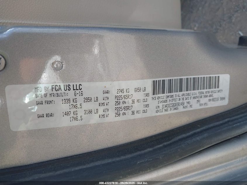 2016 Dodge Grand Caravan Sxt VIN: 2C4RDGCG8GR381450 Lot: 43227616