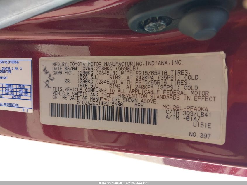 2004 Toyota Sienna Xle VIN: 5TDZA22C14S215400 Lot: 43227648