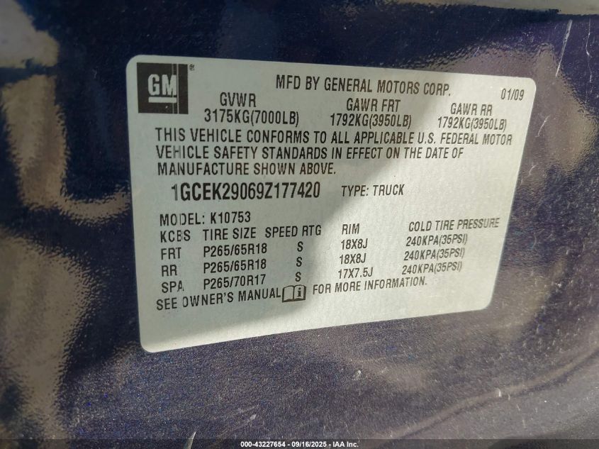 2009 Chevrolet Silverado 1500 Lt VIN: 1GCEK29069Z177420 Lot: 43227654
