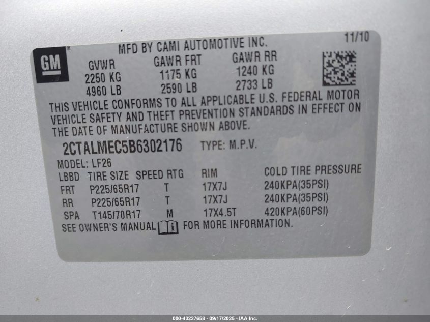 2011 GMC Terrain Sle-1 VIN: 2CTALMEC5B6302176 Lot: 43227658