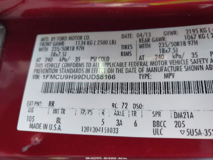 2013 Ford Escape Sel VIN: 1FMCU9H99DUD58166 Lot: 43227675