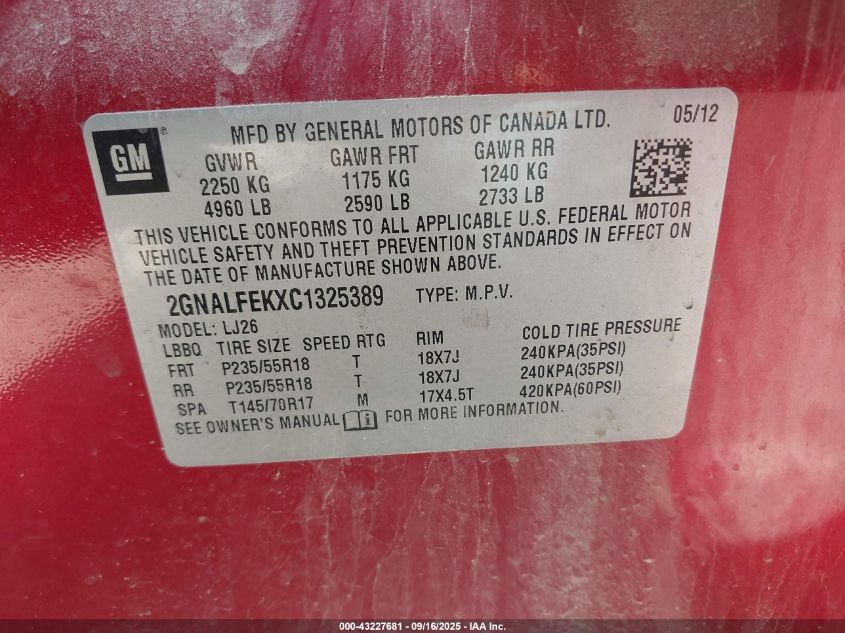 2012 Chevrolet Equinox Ltz VIN: 2GNALFEKXC1325389 Lot: 43227681