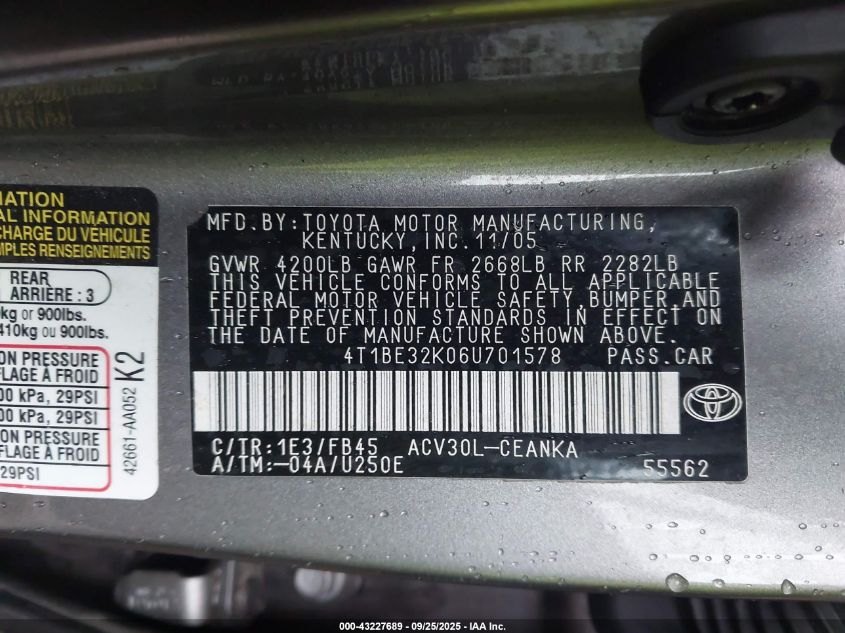 2006 Toyota Camry Le VIN: 4T1BE32K06U701578 Lot: 43227689