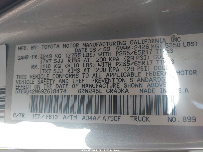 2009 Toyota Tacoma Base V6 VIN: 5TEUU42N69Z618474 Lot: 43227695