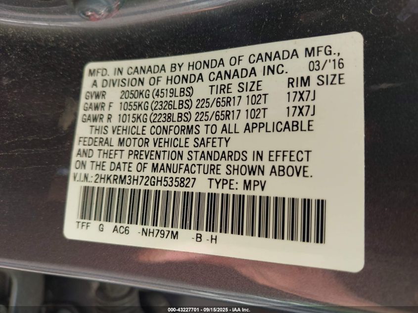 2016 Honda Cr-V Ex-L VIN: 2HKRM3H7ZGH535827 Lot: 43227701