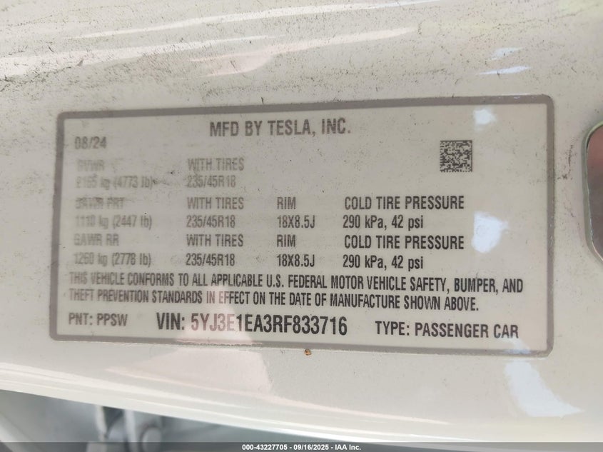 2024 Tesla Model 3 VIN: 5YJ3E1EA3RF833716 Lot: 43227705