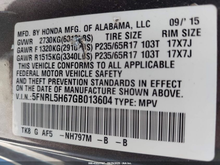 2016 Honda Odyssey Ex-L VIN: 5FNRL5H67GB013604 Lot: 43227707