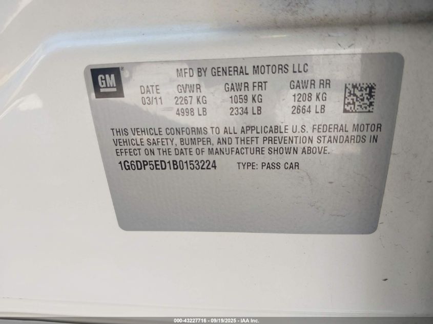 2011 Cadillac Cts Premium VIN: 1G6DP5ED1B0153224 Lot: 43227716