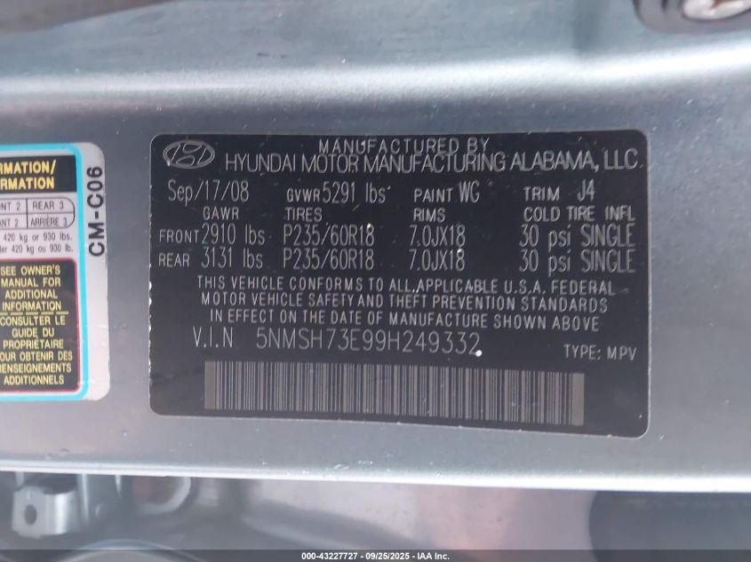 2009 Hyundai Santa Fe Se VIN: 5NMSH73E99H249332 Lot: 43227727