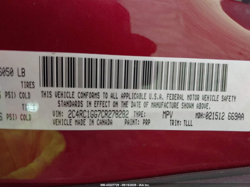 2012 Chrysler Town & Country Limited VIN: 2C4RC1GG7CR278282 Lot: 43227729