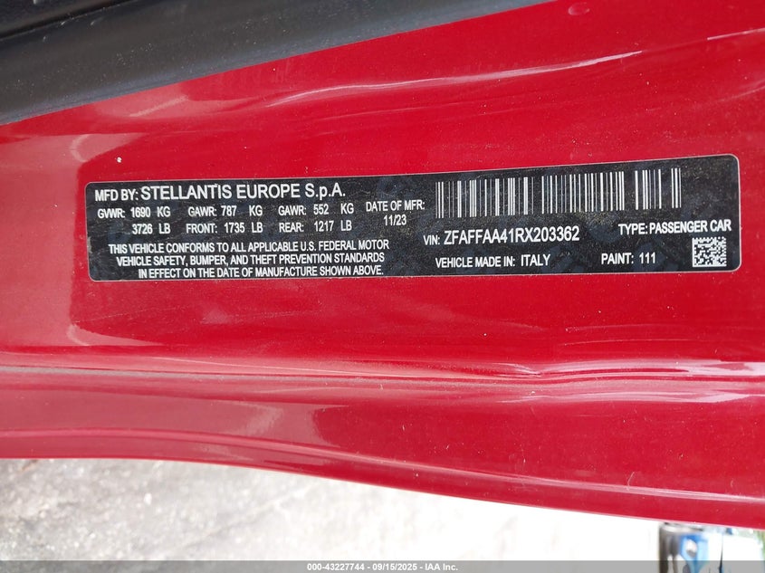 2024 Fiat 500E Inspi(Red) Fwd VIN: ZFAFFAA41RX203362 Lot: 43227744