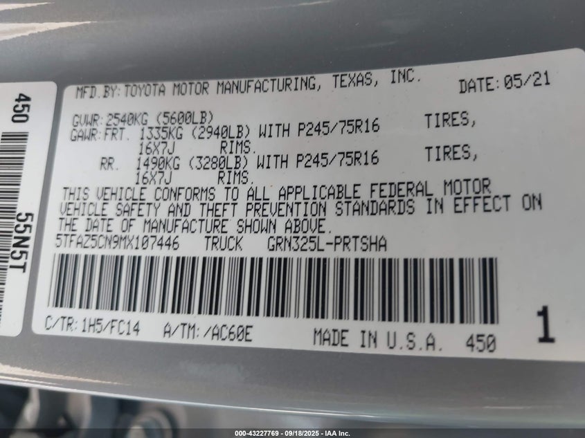 2021 TOYOTA TACOMA SR5 V6 5TFAZ5CN9MX107446