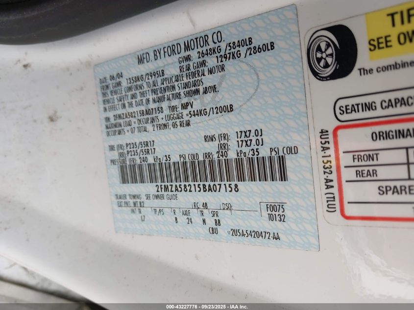 2005 Ford Freestar Limited VIN: 2FMZA58215BA07158 Lot: 43227776
