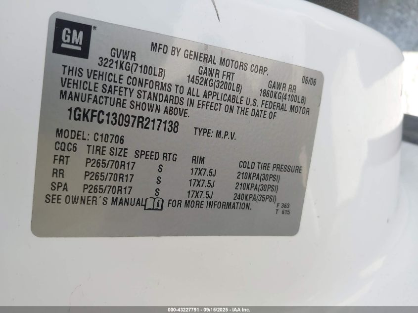 2007 GMC Yukon Slt VIN: 1GKFC13097R217138 Lot: 43227791