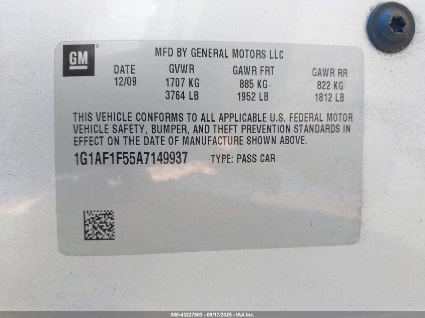 2010 Chevrolet Cobalt Lt VIN: 1G1AF1F55A7149937 Lot: 43227803