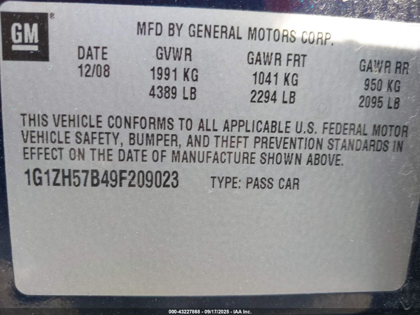 2009 Chevrolet Malibu Lt VIN: 1G1ZH57B49F209023 Lot: 43227868