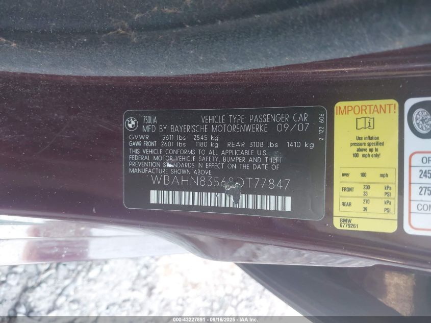2008 BMW 750Li VIN: WBAHN83568DT77847 Lot: 43227891