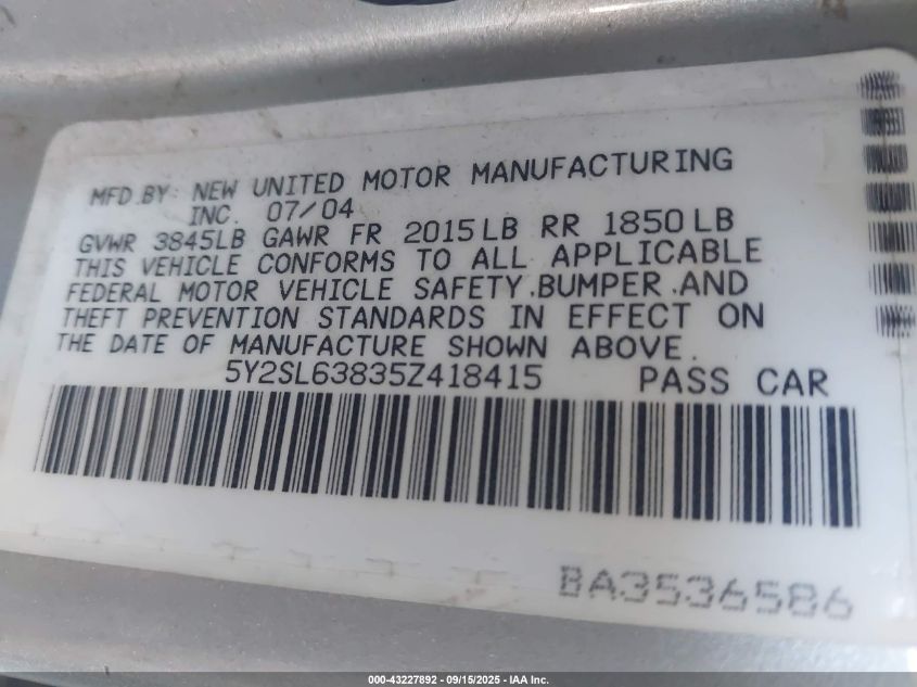 2005 Pontiac Vibe VIN: 5Y2SL63835Z418415 Lot: 43227892
