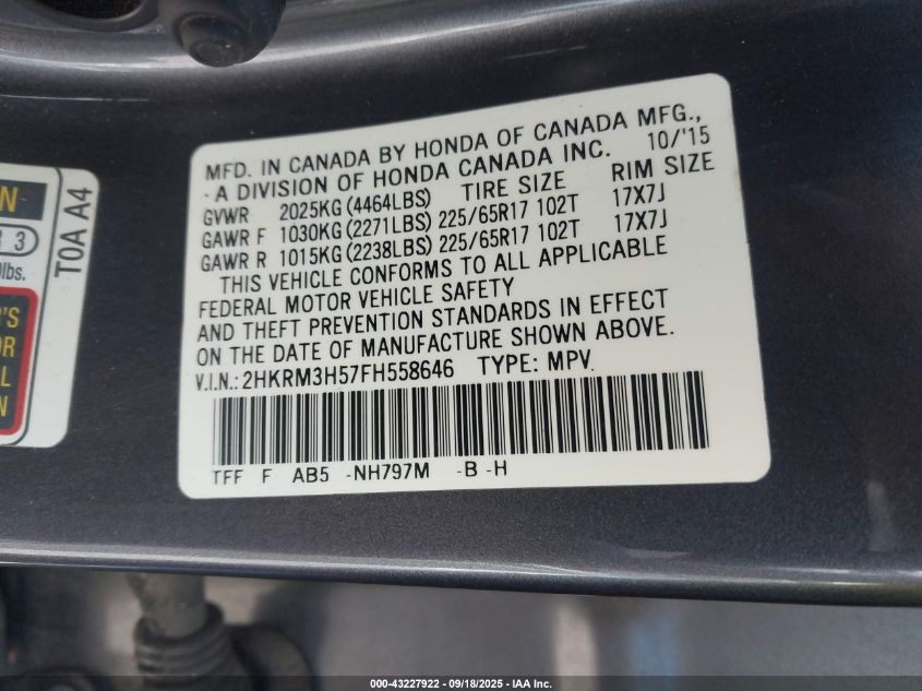 2015 Honda Cr-V Ex VIN: 2HKRM3H57FH558646 Lot: 43227922