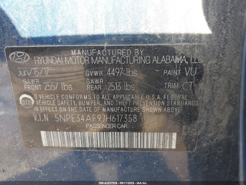 2018 Hyundai Sonata Sport VIN: 5NPE34AF9JH617358 Lot: 43227926
