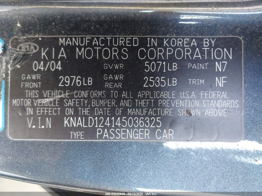 2004 Kia Amanti VIN: KNALD124145036325 Lot: 43227939