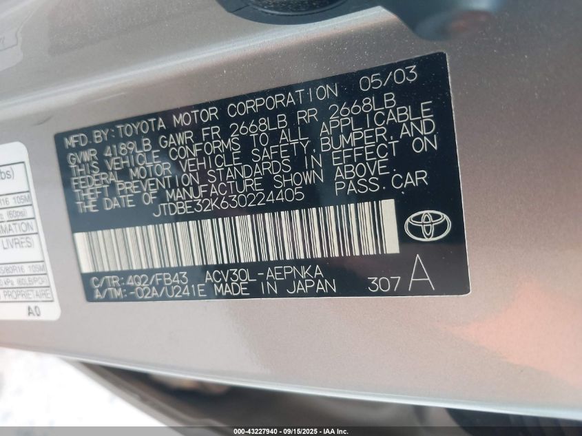 2003 Toyota Camry Le VIN: JTDBE32K630224405 Lot: 43227940