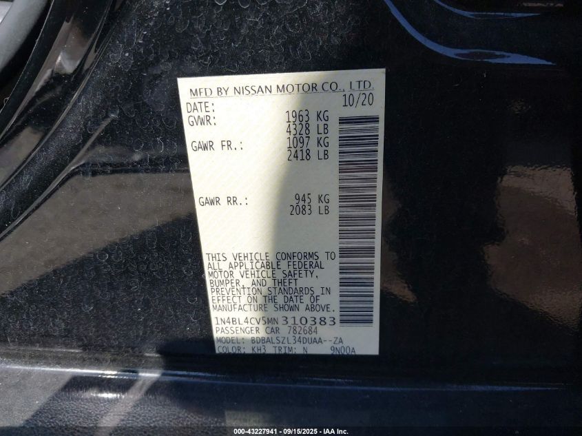 2021 Nissan Altima Sr Fwd VIN: 1N4BL4CV5MN310383 Lot: 43227941