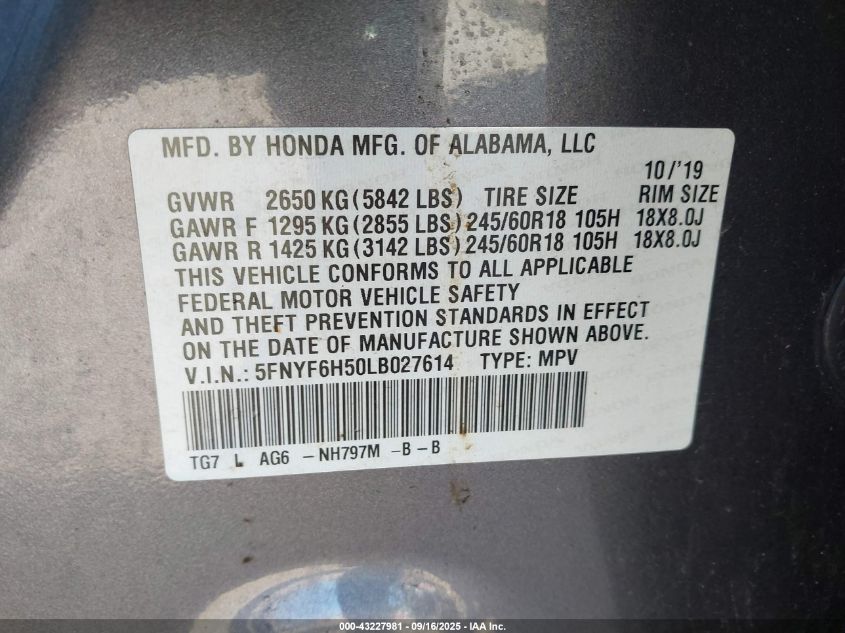 2020 Honda Pilot Awd Ex-L VIN: 5FNYF6H50LB027614 Lot: 43227981