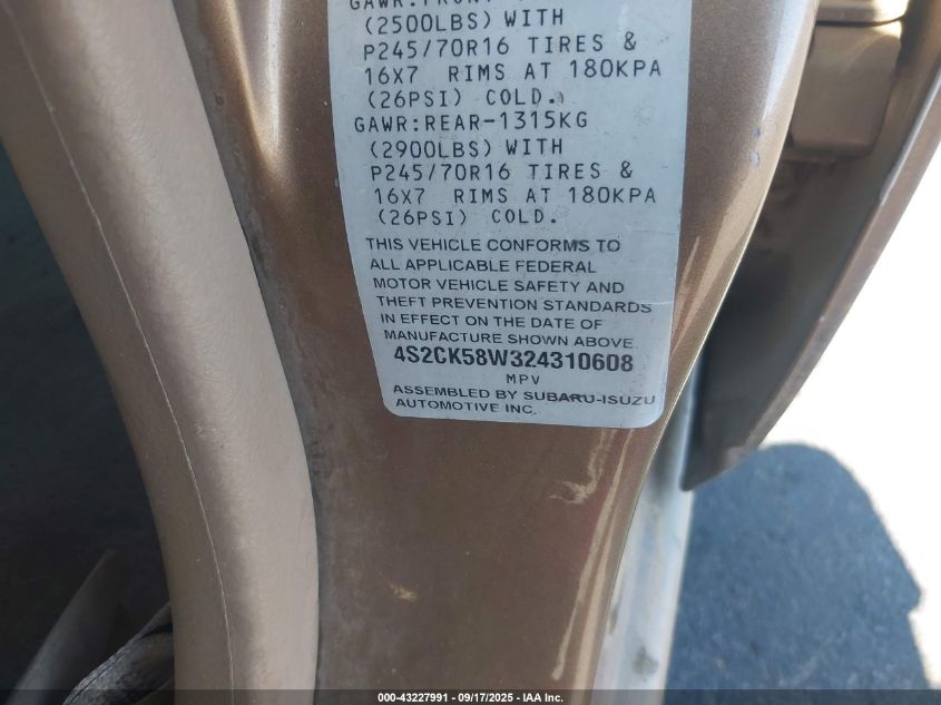 2002 Isuzu Rodeo Ls 3.2L V6/Lse 3.2L V6/S 3.2L V6 VIN: 4S2CK58W324310608 Lot: 43227991