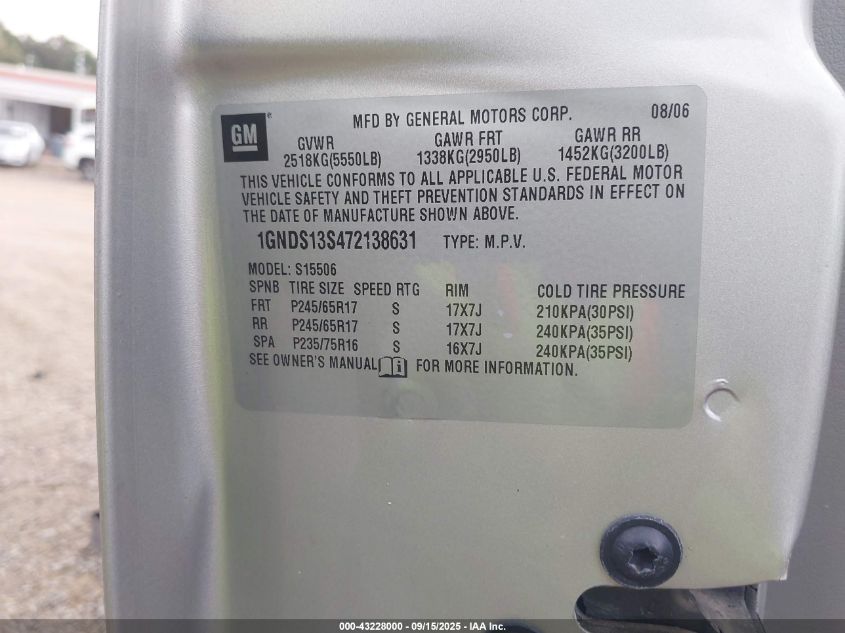 2007 Chevrolet Trailblazer Ls VIN: 1GNDS13S472138631 Lot: 43228000