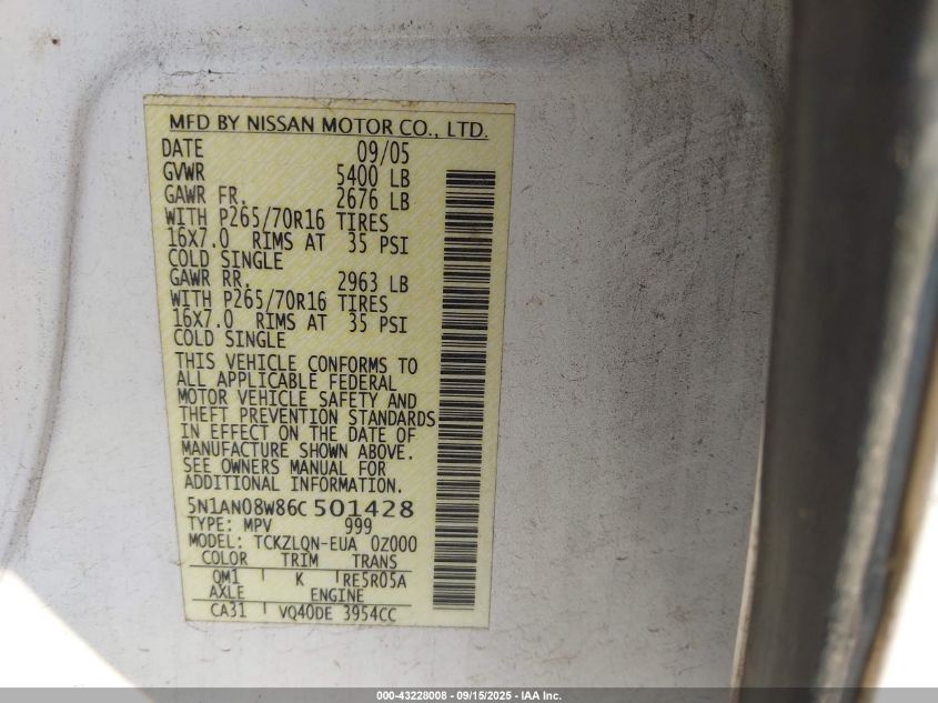 2006 Nissan Xterra X VIN: 5N1AN08W86C501428 Lot: 43228008