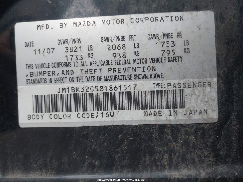 2008 Mazda Mazda3 I VIN: JM1BK32G581861517 Lot: 43228011