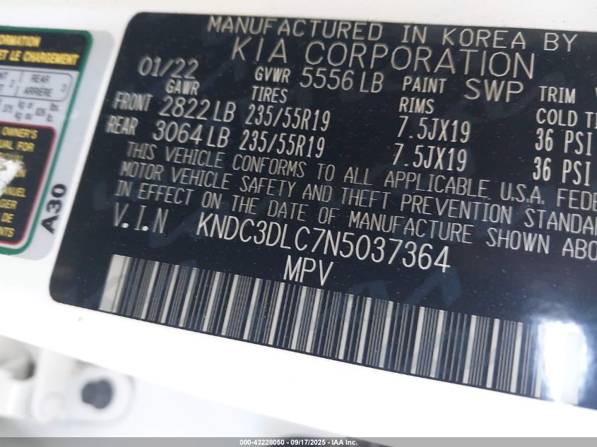 2022 Kia Ev6 Wind VIN: KNDC3DLC7N5037364 Lot: 43228050