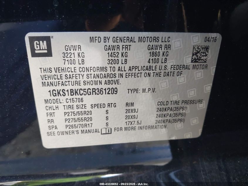 2016 GMC Yukon Slt VIN: 1GKS1BKC5GR361209 Lot: 43228052