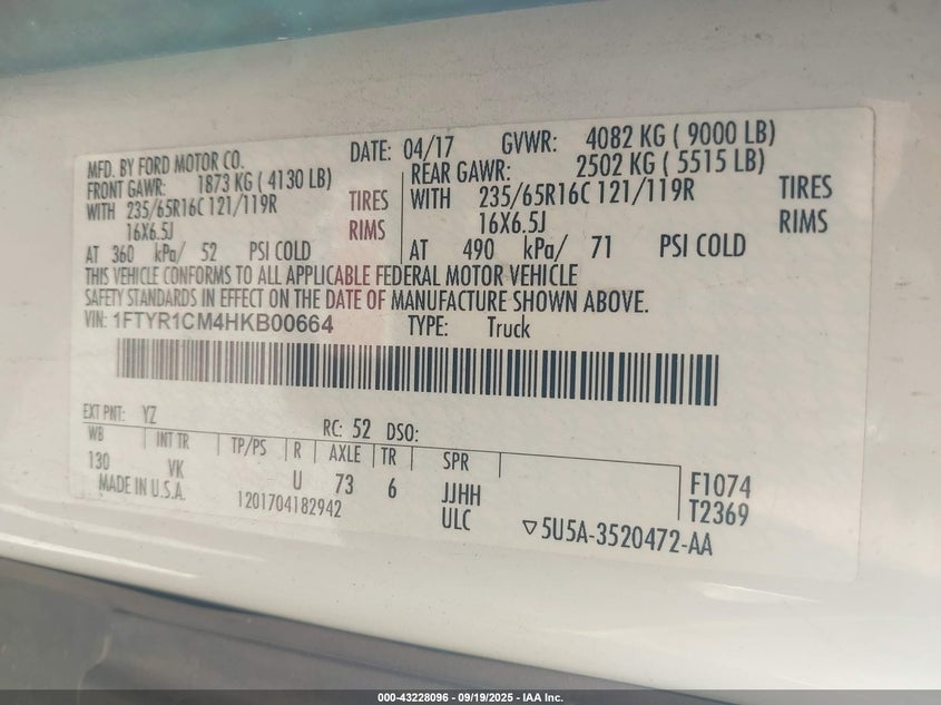 2017 FORD TRANSIT-250 1FTYR1CM4HKB00664