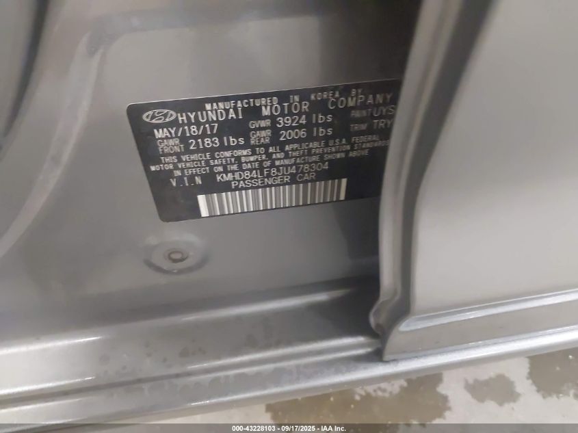 2018 Hyundai Elantra Sel VIN: KMHD84LF8JU478304 Lot: 43228103