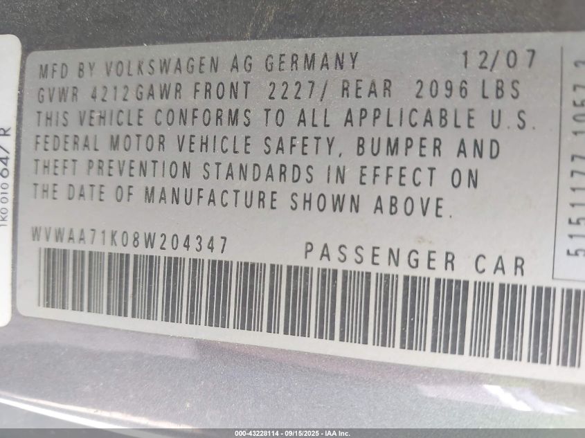 2008 Volkswagen Rabbit S VIN: WVWAA71K08W204347 Lot: 43228114