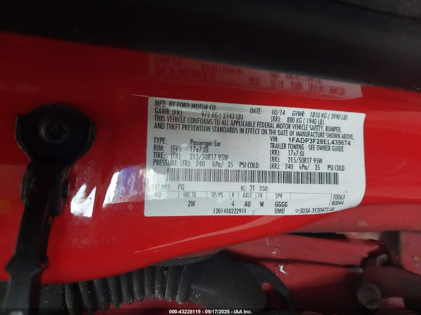 2014 Ford Focus Se VIN: 1FADP3F28EL435674 Lot: 43228119