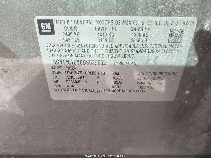 3GYFNAEY8BS539052 2011 CADILLAC SRX photo no. 9