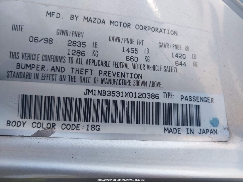 JM1NB3531X0120386 MAZDA MX-5 MIATA 1999 SILVER Photo 9