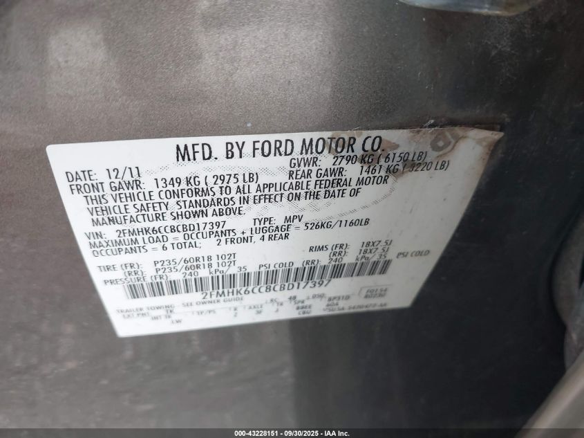 2012 Ford Flex Sel VIN: 2FMHK6CC8CBD17397 Lot: 43228151