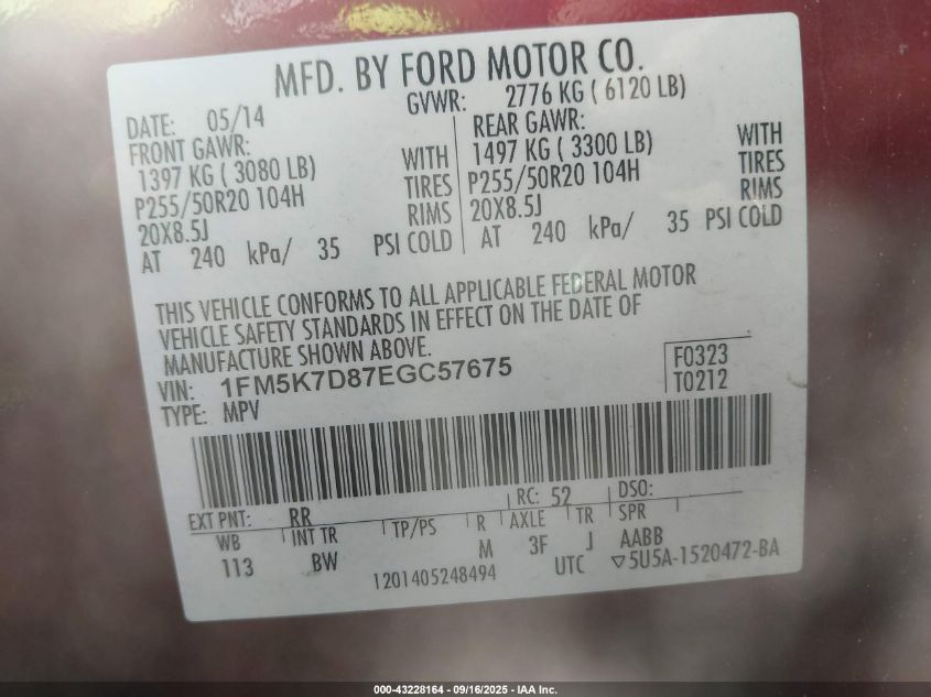 2014 Ford Explorer Xlt VIN: 1FM5K7D87EGC57675 Lot: 43228164