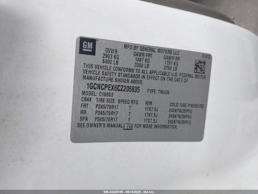 2012 Chevrolet Silverado 1500 Work Truck VIN: 1GCNCPEX6CZ205835 Lot: 43228165