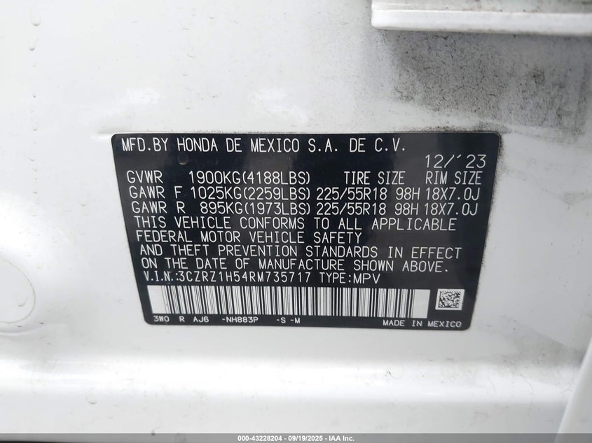 2024 HONDA HR-V 2WD SPORT/2WD SPORT W/O BSI 3CZRZ1H54RM735717