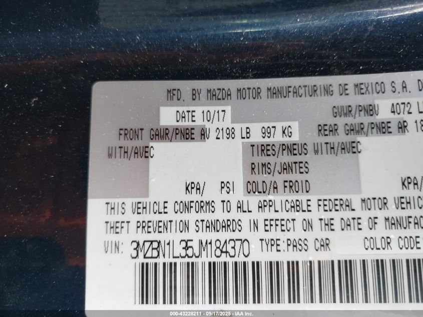 2018 Mazda Mazda3 Touring VIN: 3MZBN1L35JM184370 Lot: 43228211