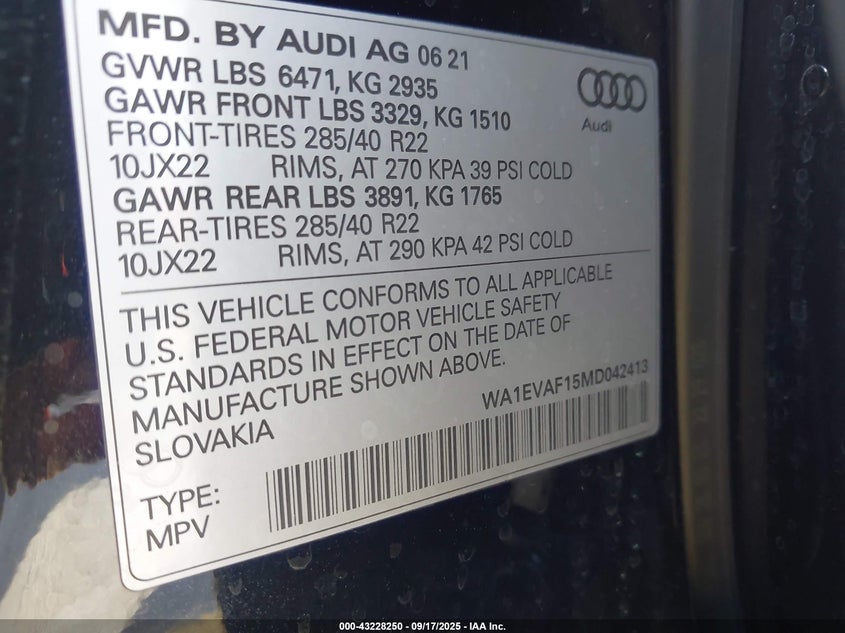 2021 AUDI Q8 PREMIUM PLUS 55 TFSI QUATTRO TIPTRONIC WA1EVAF15MD042413