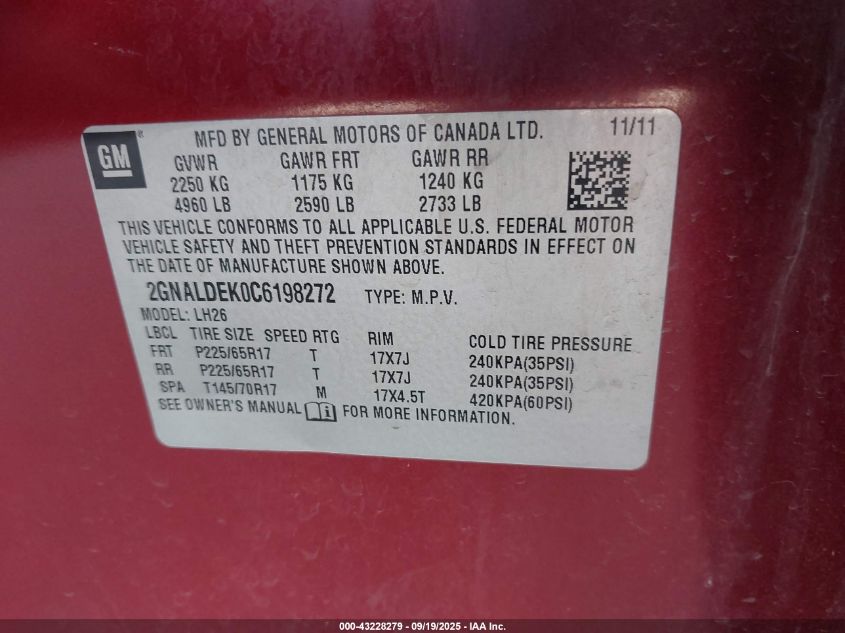 2012 Chevrolet Equinox 1Lt VIN: 2GNALDEK0C6198272 Lot: 43228279